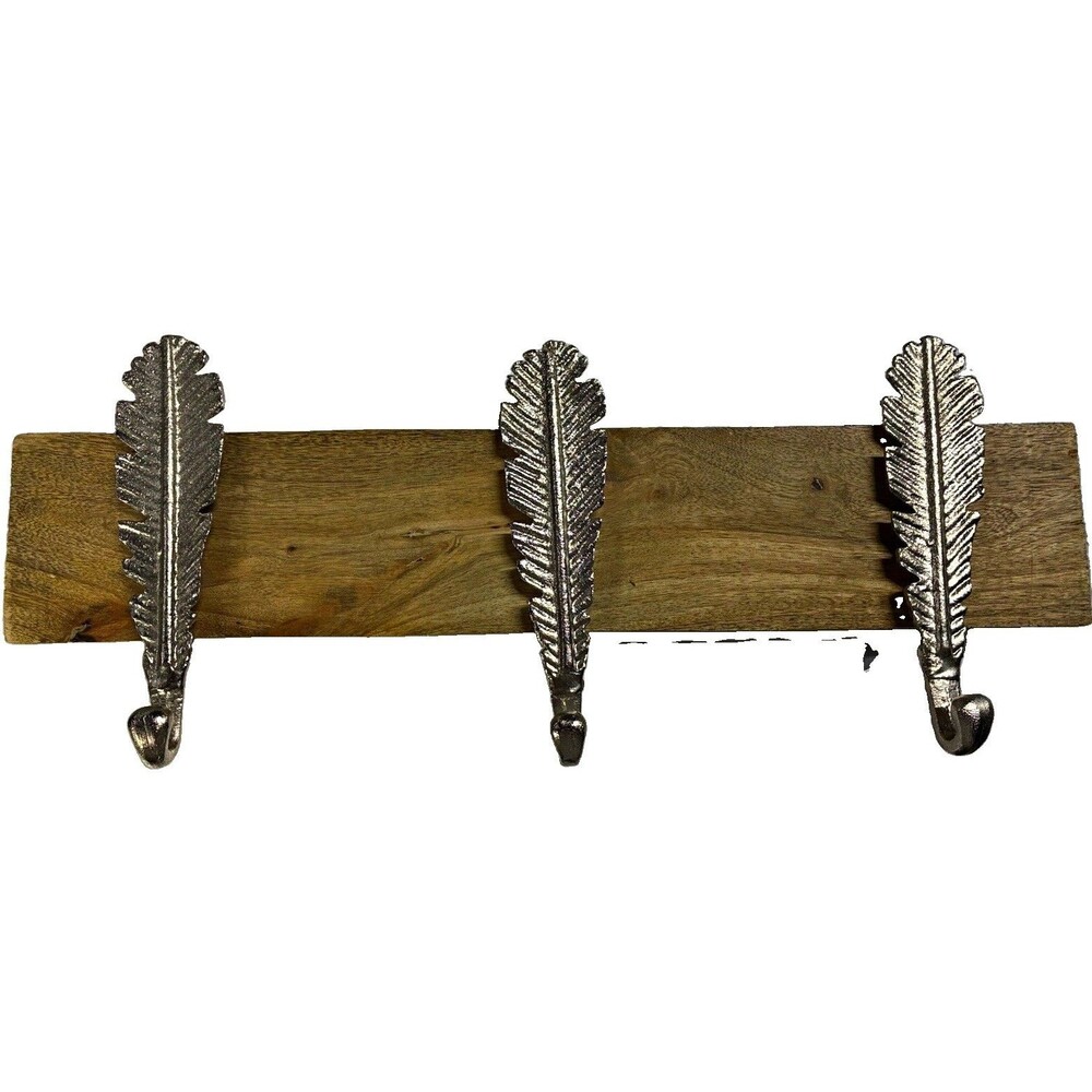 Wood Wall-Mounted Hook Rack, 3 Leaf Metal Hooks, Rustic Brown/Silver